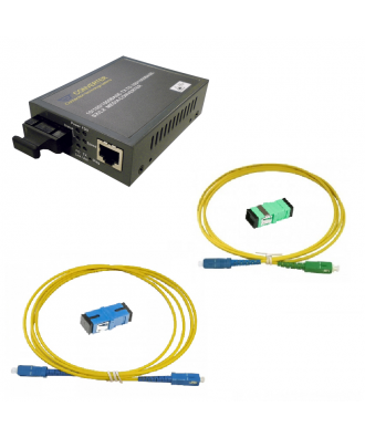 Universele glasvezel mediaconverter FTTH SC-UPC naar RJ45 (AON) incl. glasvezelkabel en koppelblok