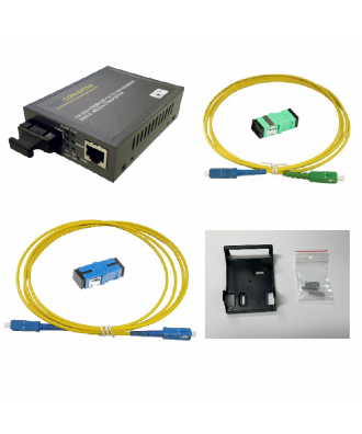 Universele glasvezel mediaconverter FTTH SC-UPC naar RJ45 (AON) incl. glasvezelkabel en koppelblok